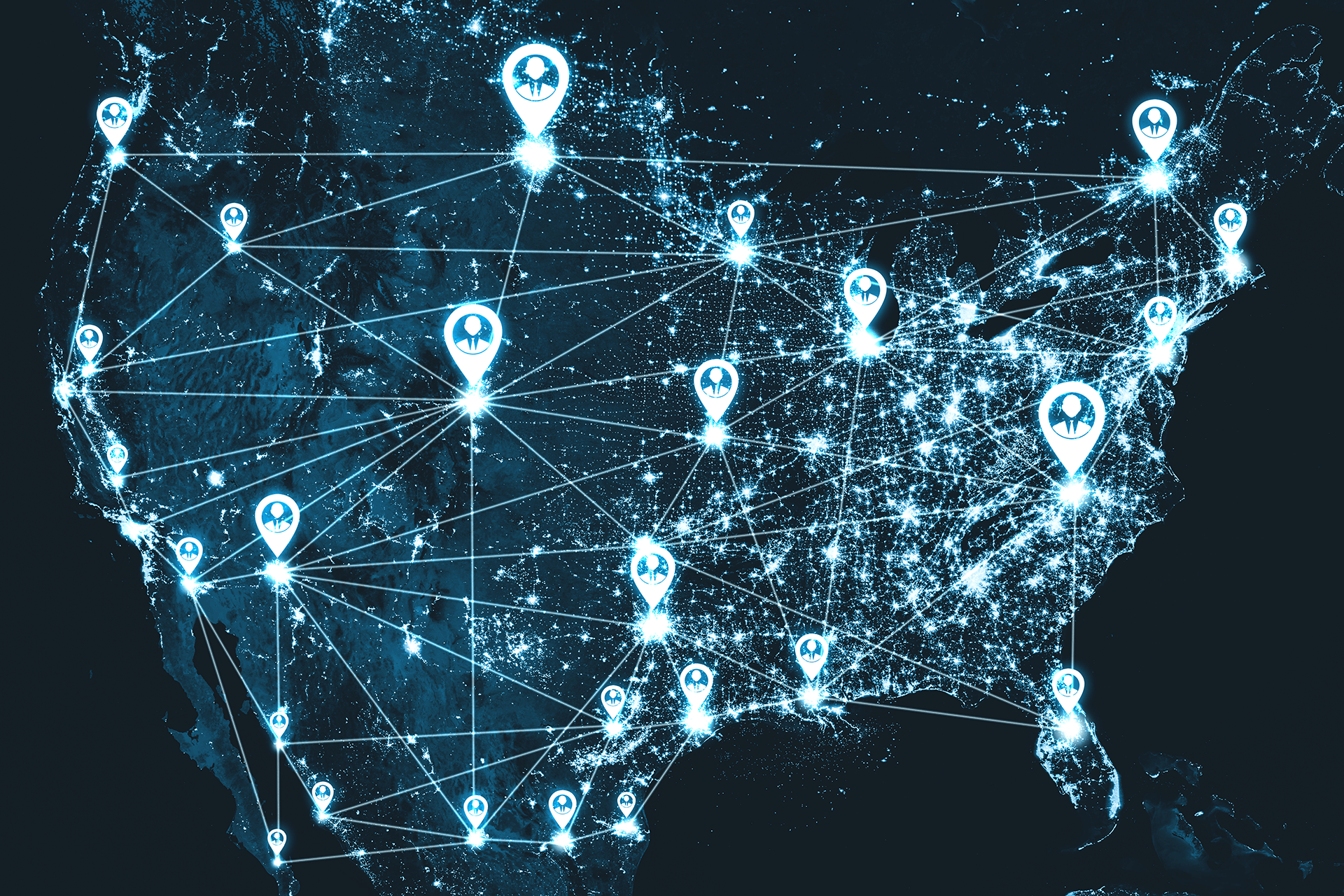 geographic points across a map of the United States