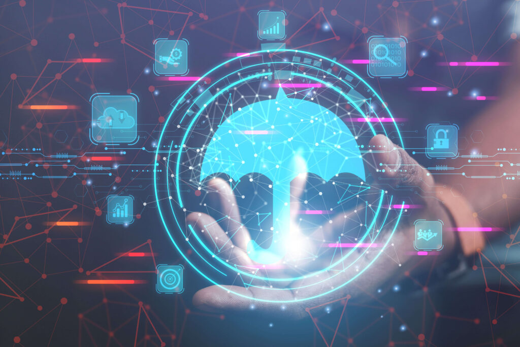 Hand holding data points and a digital umbrella