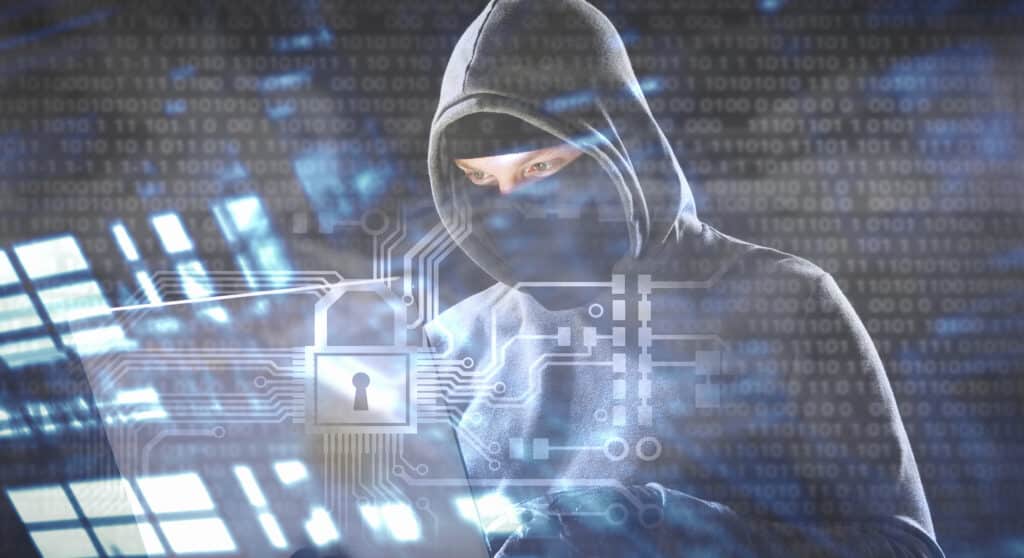 AI phishing hacker targeting business security system with lock icon representing vulnerability scan protection