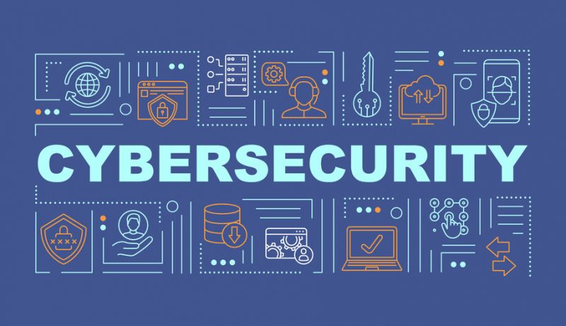 Cybersecurity data protection word concepts banner Cybersecurity data protection word concepts banner. Framework internet protection. Infographics with linear icons on navy background. Isolated typography. Vector outline RGB color illustration