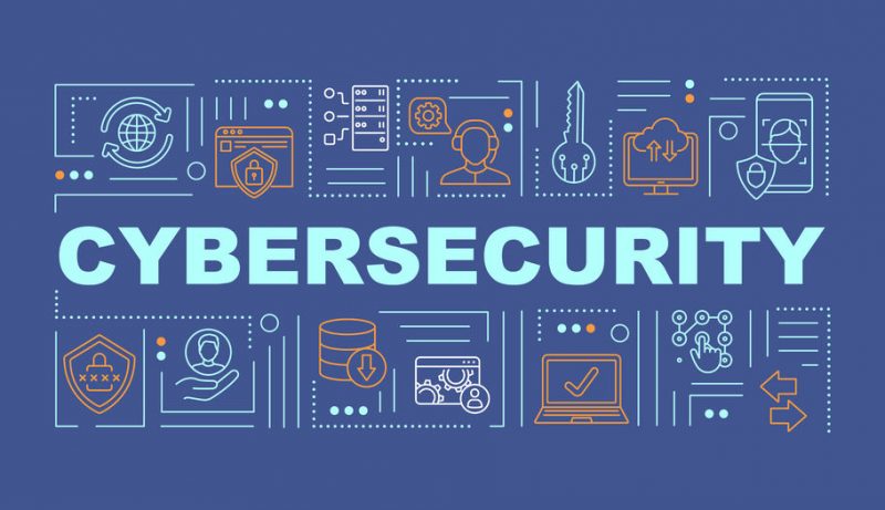 Cybersecurity data protection word concepts banner Cybersecurity data protection word concepts banner. Framework internet protection. Infographics with linear icons on navy background. Isolated typography. Vector outline RGB color illustration