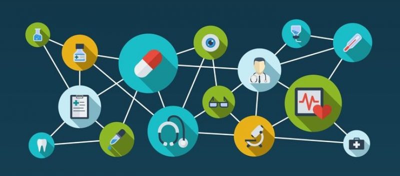 Healthcare LP Middle Picture 38625051 - abstract medicine background with lines, circles and integrate flat icons. infographic concept with medical, health, healthcare, nurse, dna, pills connected symbols. vector interactive illustration.