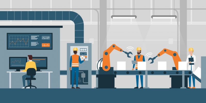 Smart factory and production line Efficient smart factory with workers, robots and assembly line, industry 4.0 and technology concept